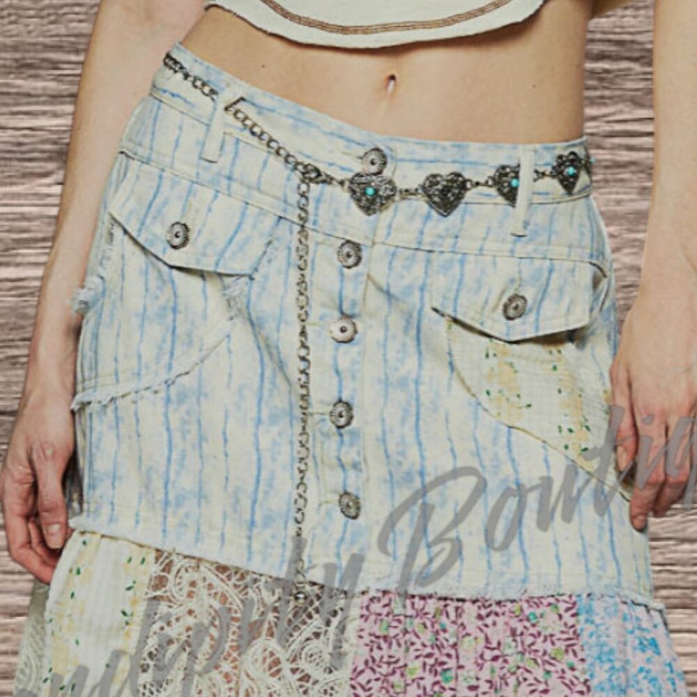 POL Denim Lace & Floral Flowy Baggy Mixed Fabric Cotton Twill Maxi Jean Skirt - Picture 4 of 13
